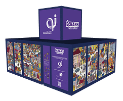 Exterior view of the Action Innocence pavilion, wrapped in colorful illustrations and educational content, clearly identified by signage inviting visitors to enter and explore.